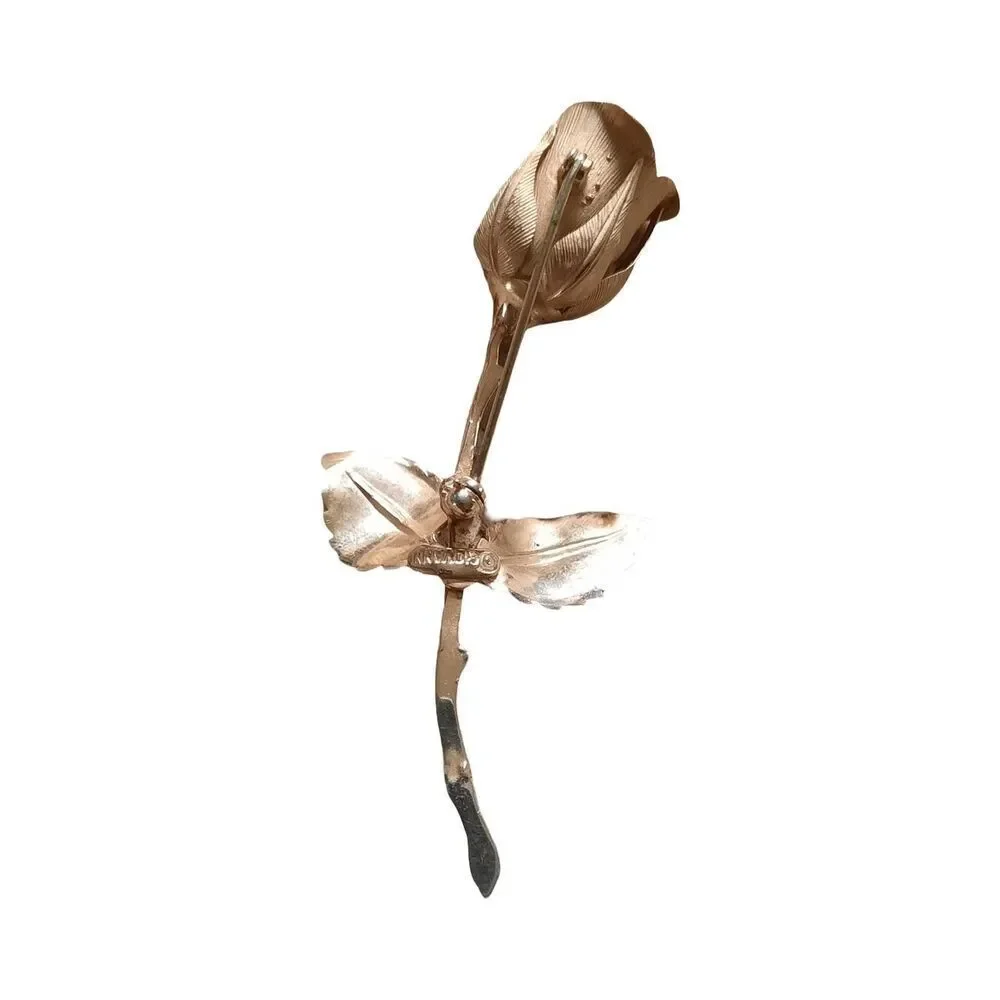Gold Rose Stem Brooch - Elegant Women's Floral Pin